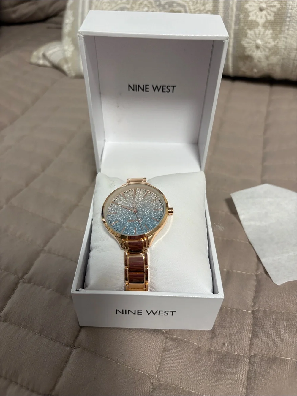 Nine West  Gold Bracelet Watch with Glitter Blue Dial